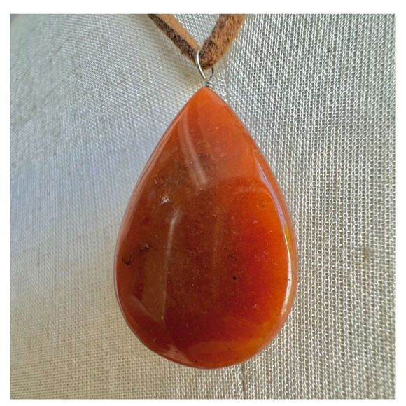Carnelian teardrop pendant necklace on  brown cord - Picture 2 of 9